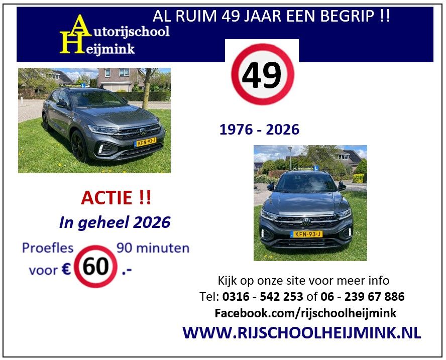 Actieadvertentie van Autorijschool Heijmink: al ruim 49 jaar een begrip, 1976 tot 2026, proefles van 90 minuten voor 60 euro